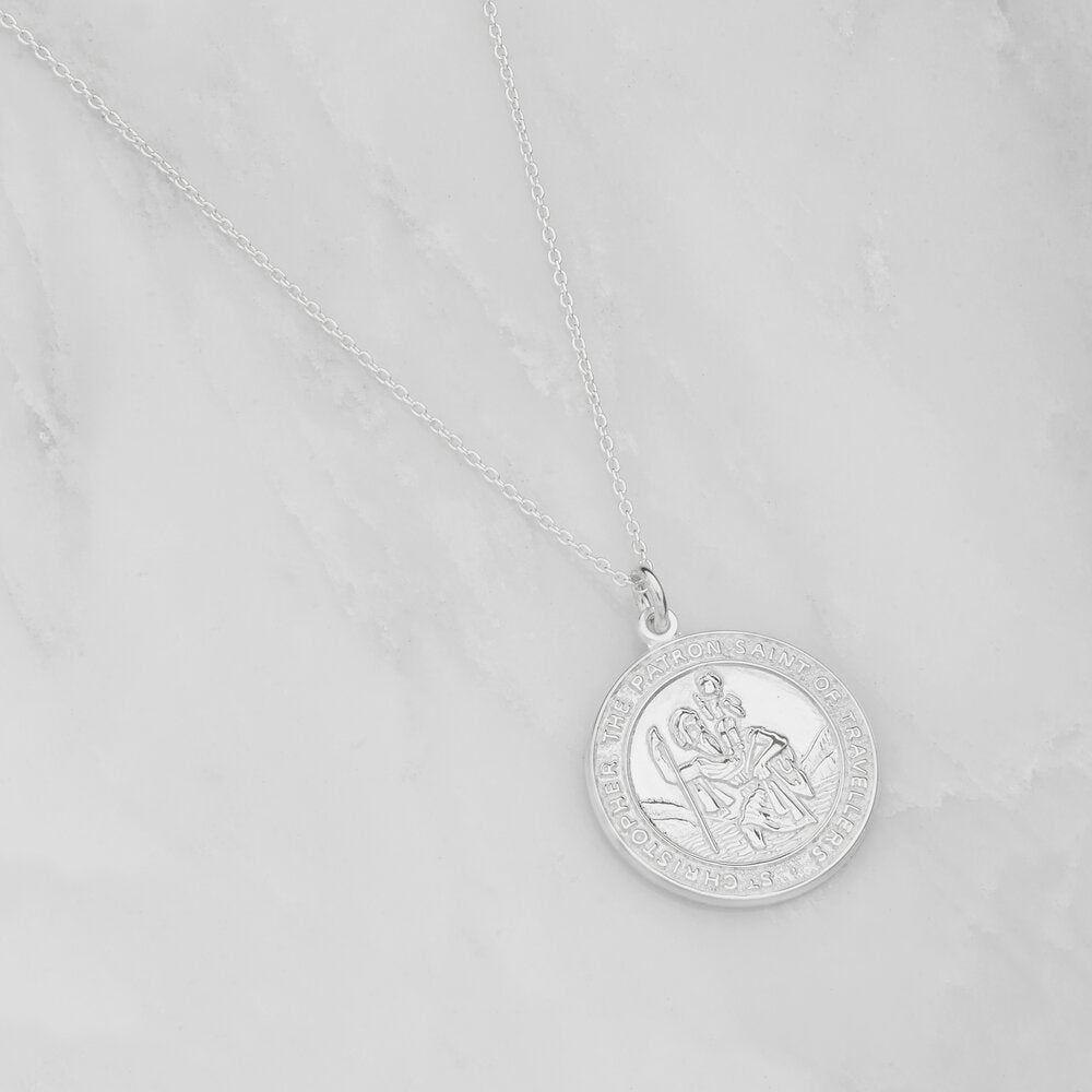 Silver Large Round St Christopher Medallion Necklace