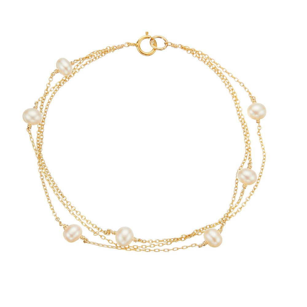 Gold layered pearl bracelet on a white background
