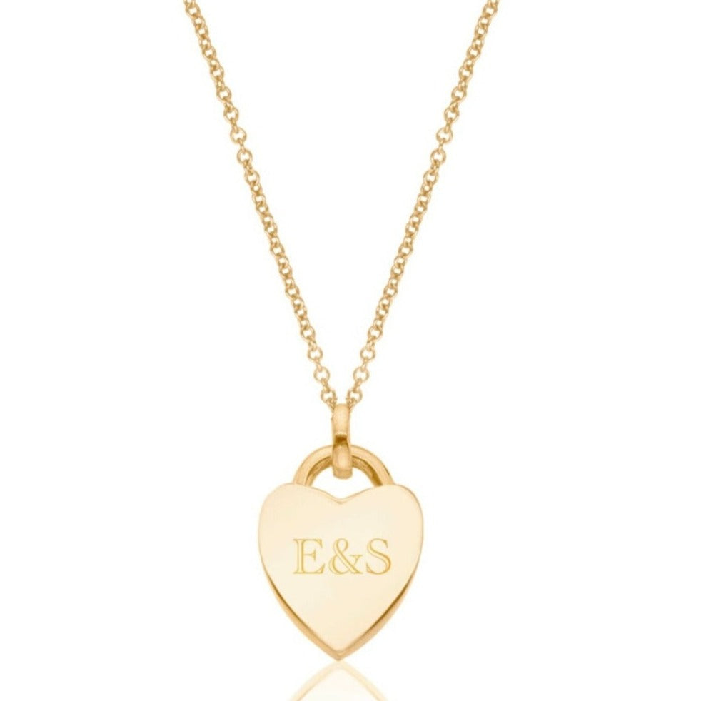 Gold heart padlock pendant necklace engraved with letters E&S on a white background