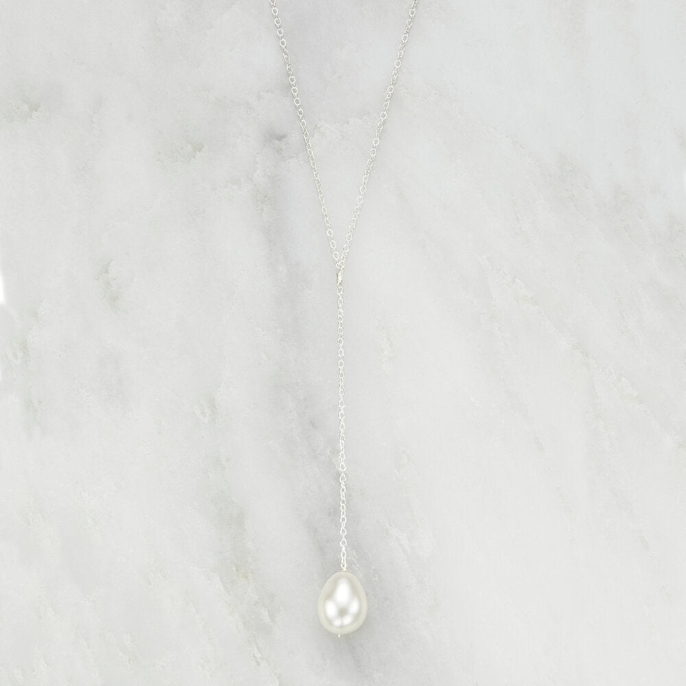 Silver Large Pearl Lariat Necklace