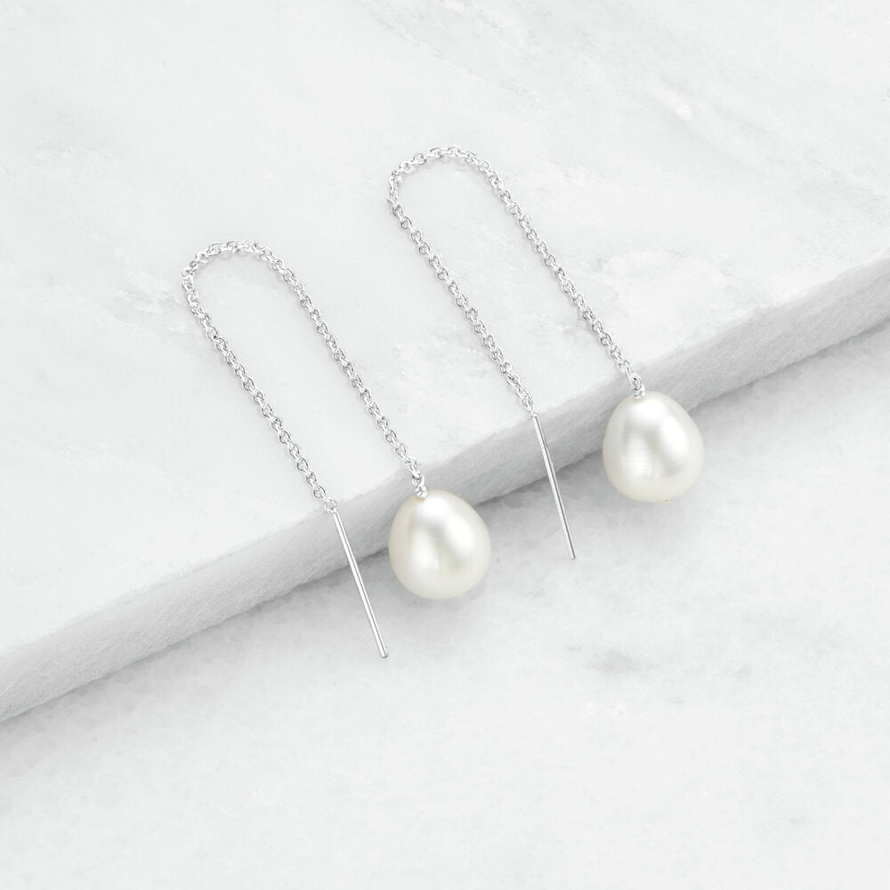 Silver Large Pearl Drop Ear Threaders