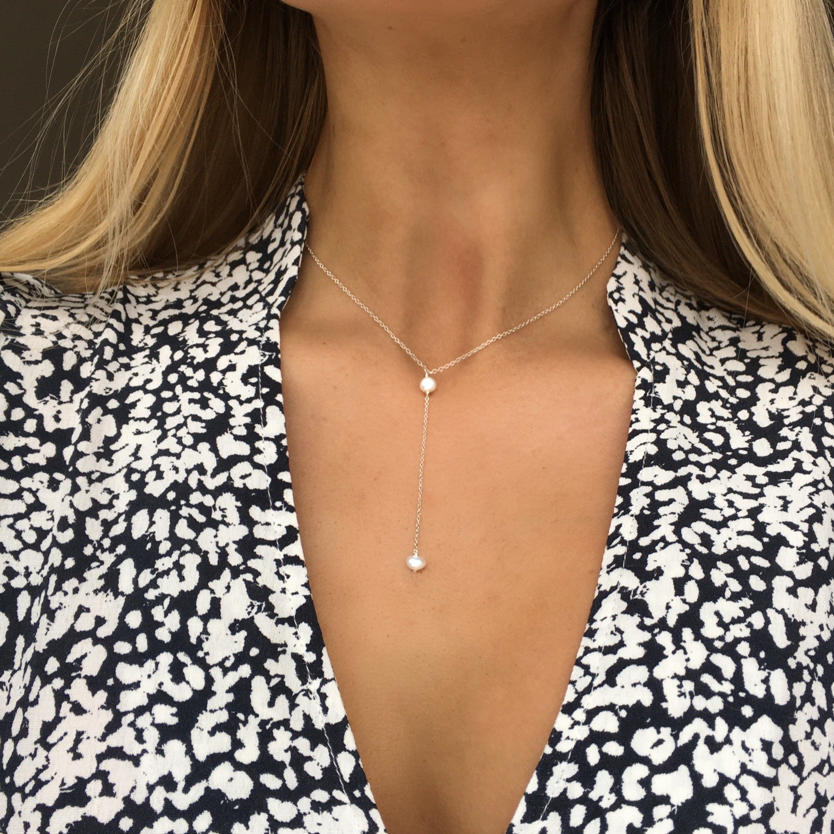 White Gold Pearl Lariat Necklace