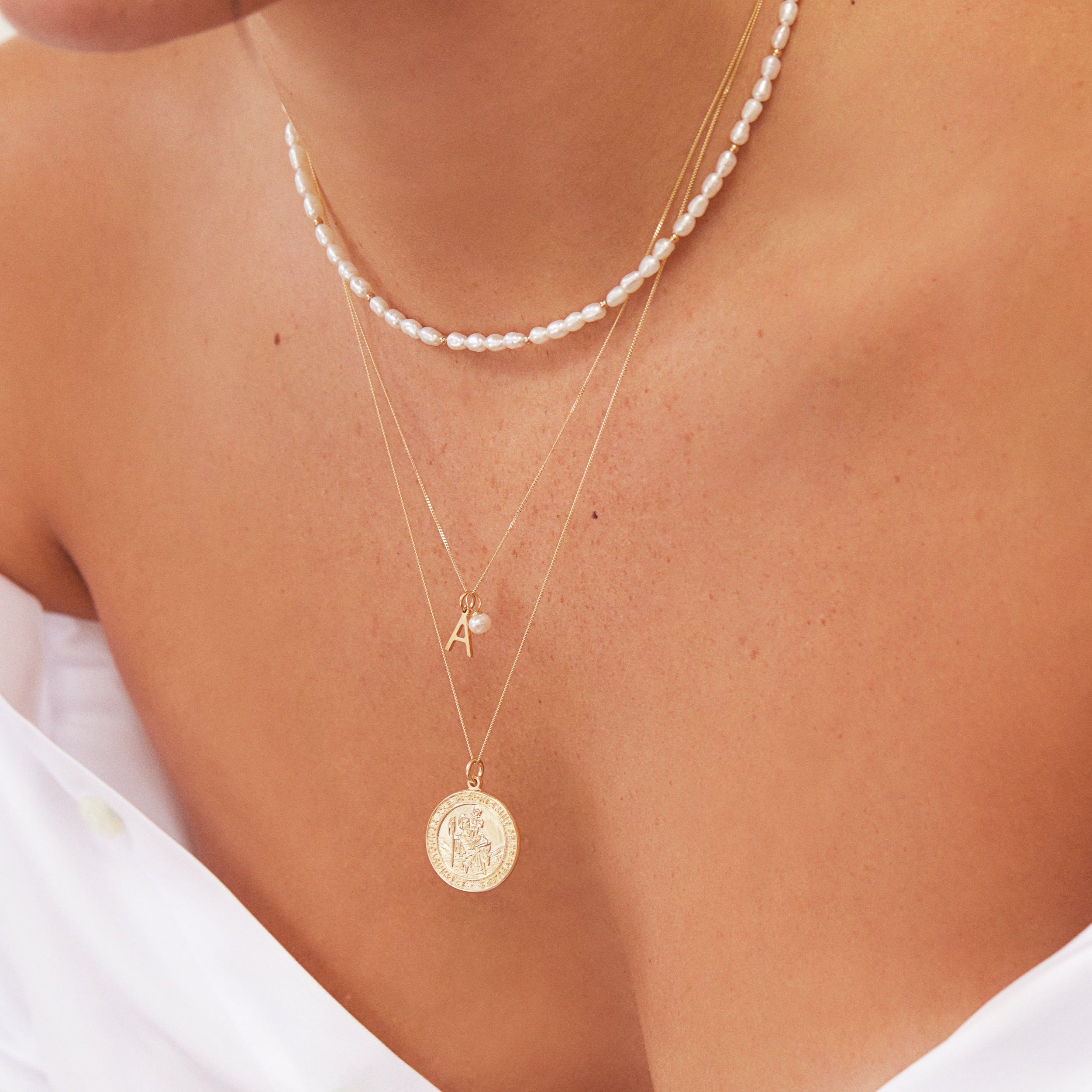 Solid White Gold Initial and Pearl Drop Necklace