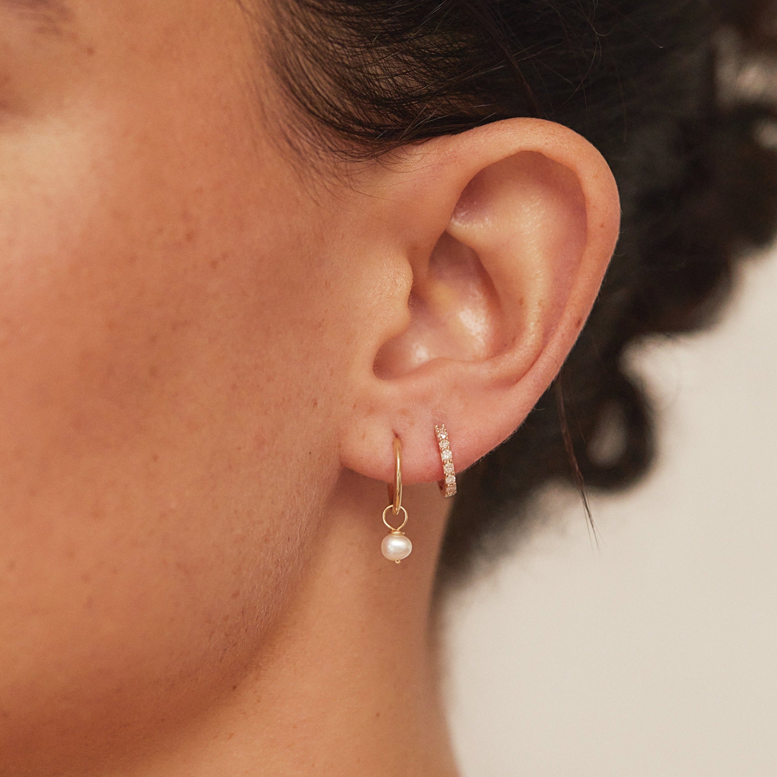 Solid Gold Small Pearl Drop Hoop Earrings