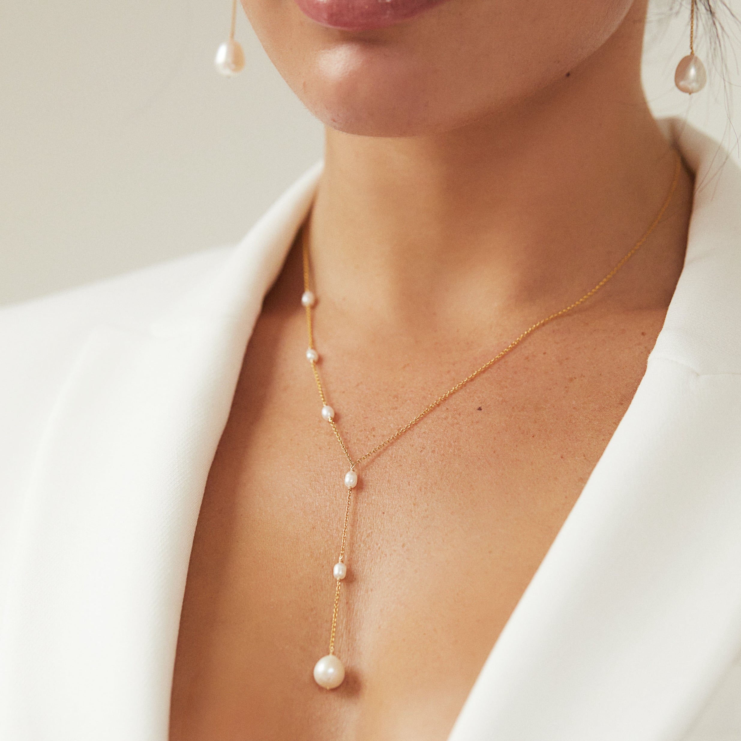 Rose Gold Seed Pearl Lariat Necklace