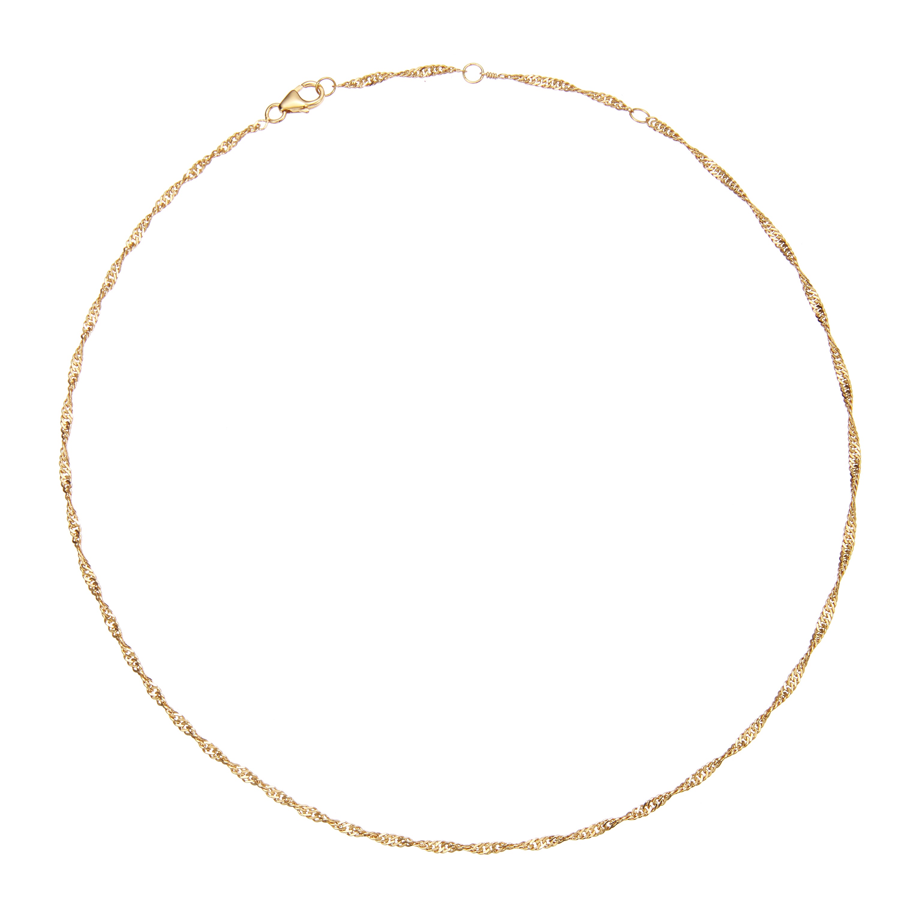 Gold twisted rope chain necklace on a white background