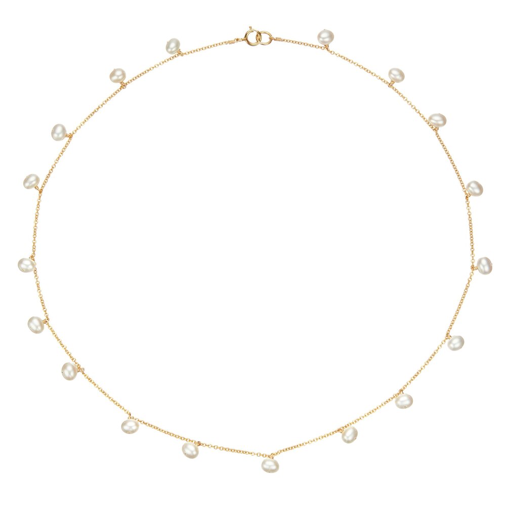 Gold pearl drop choker on a white background