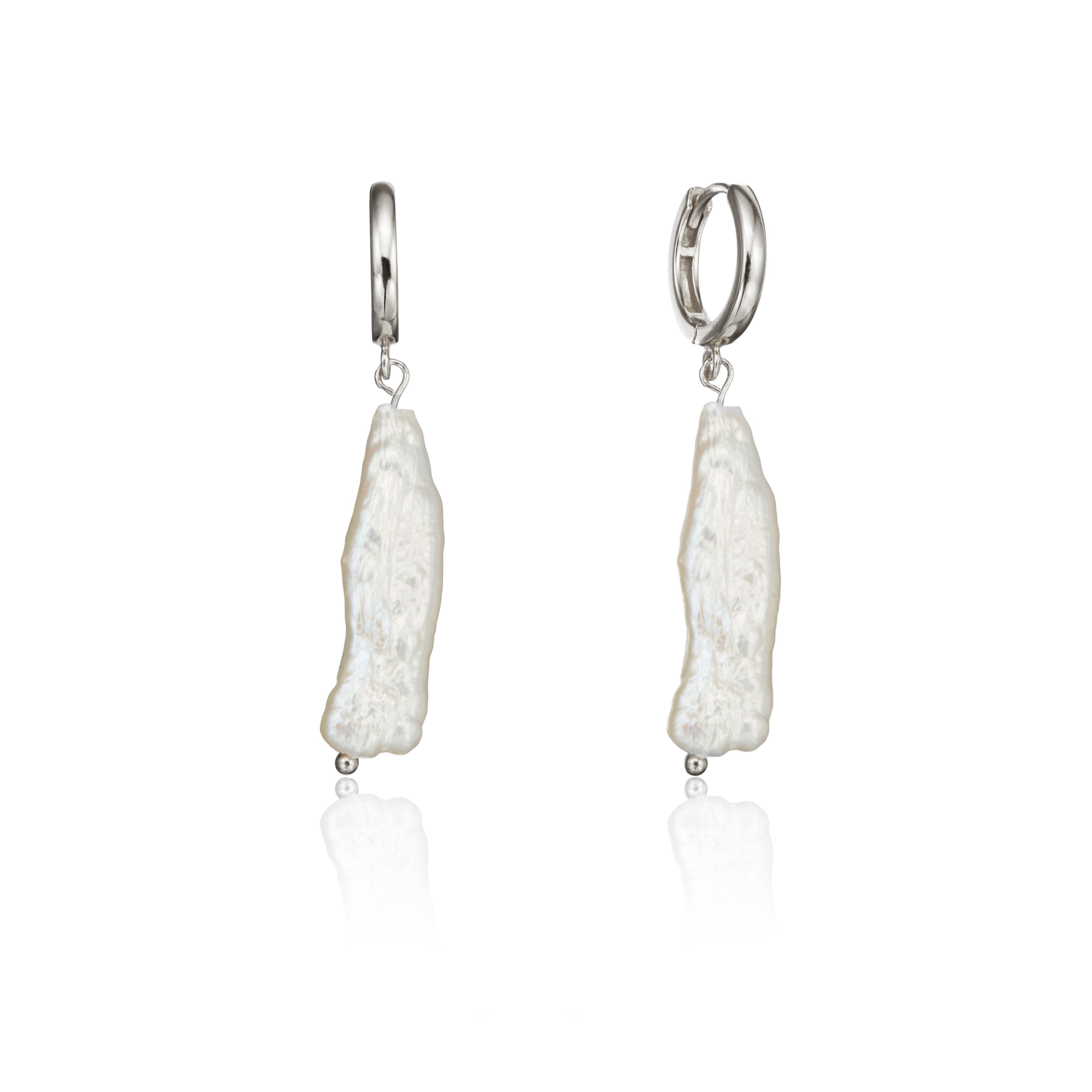 Silver baroque pearl shard hoop earrings on a white background