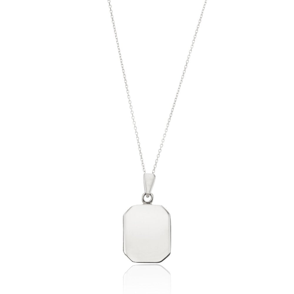Silver small square locket necklace on a white background