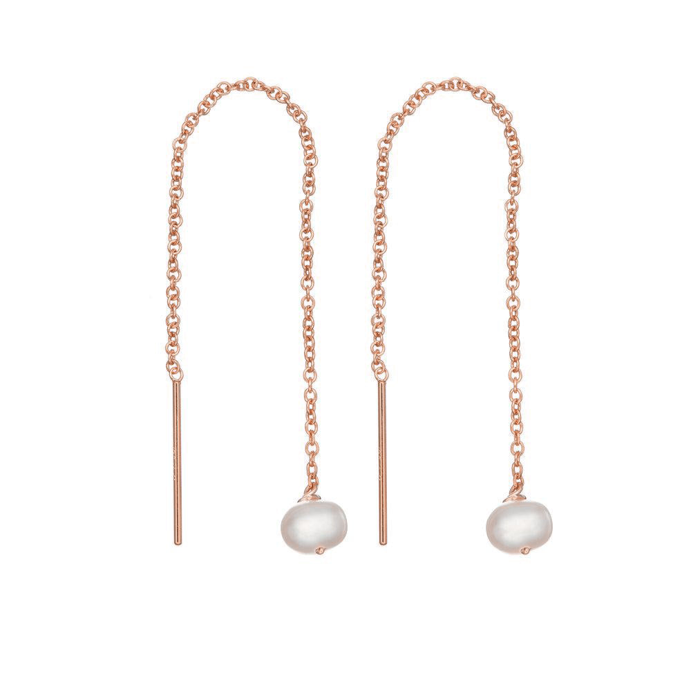Rose gold pearl drop ear threaders on a white background