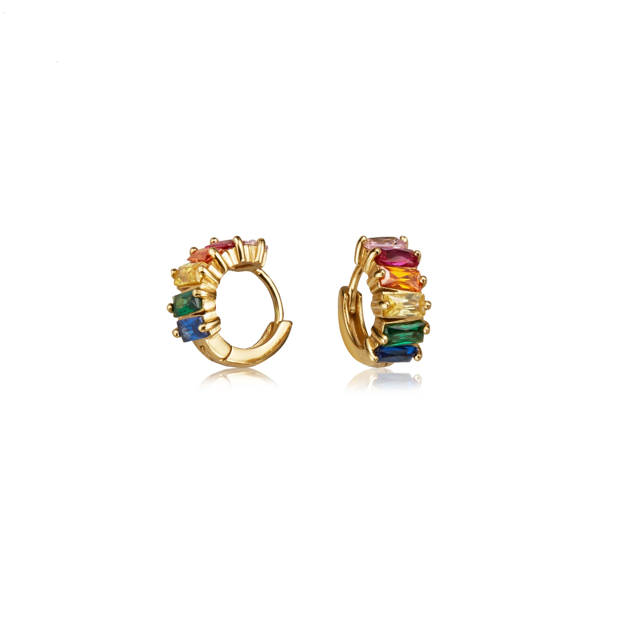 Gold rainbow gemstone cluster huggie hoop earrings on a white background