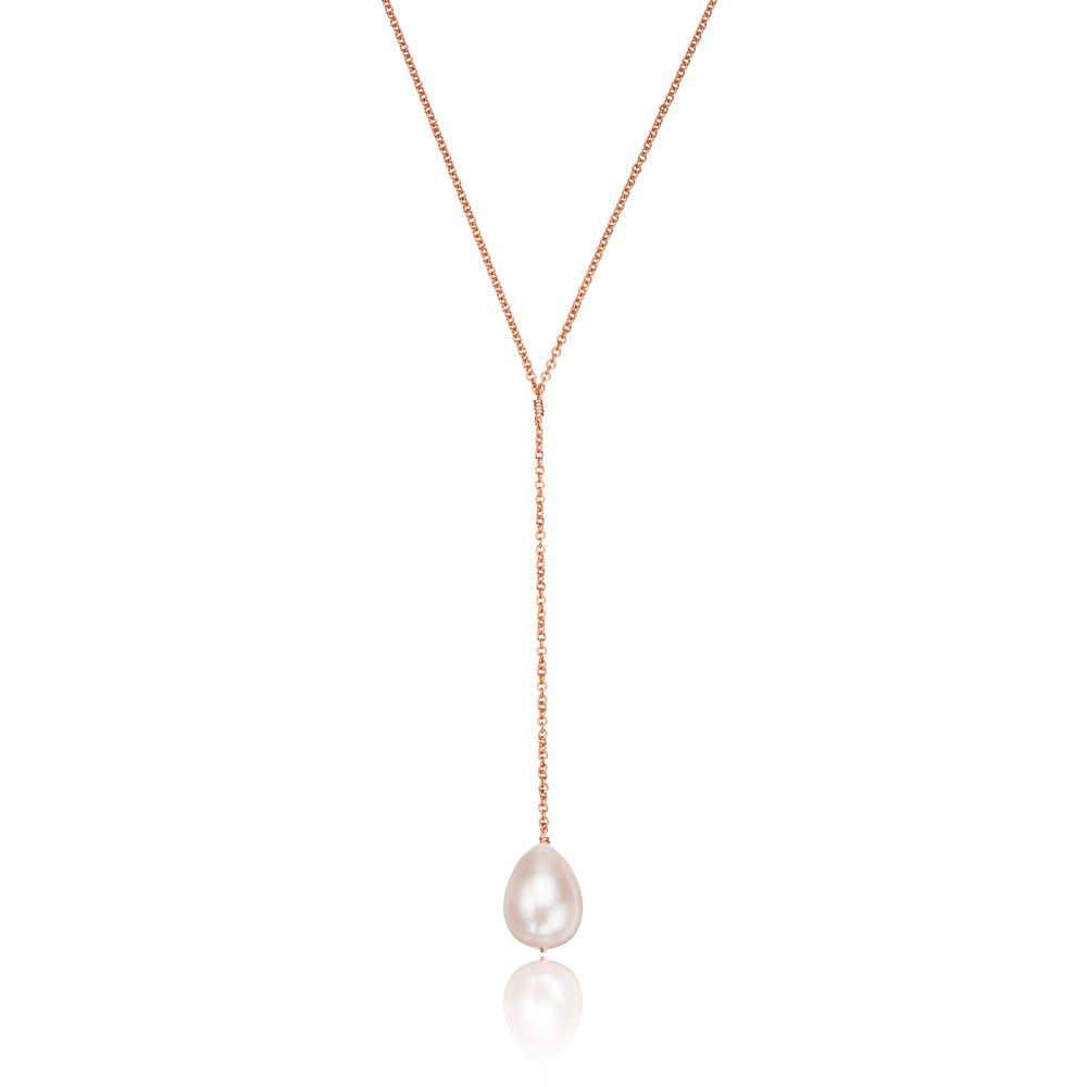 Rose Gold Large Pearl Lariat Necklace