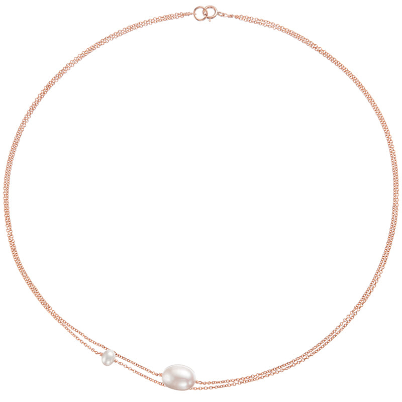 Rose gold layered large and small pearl choker on a white background