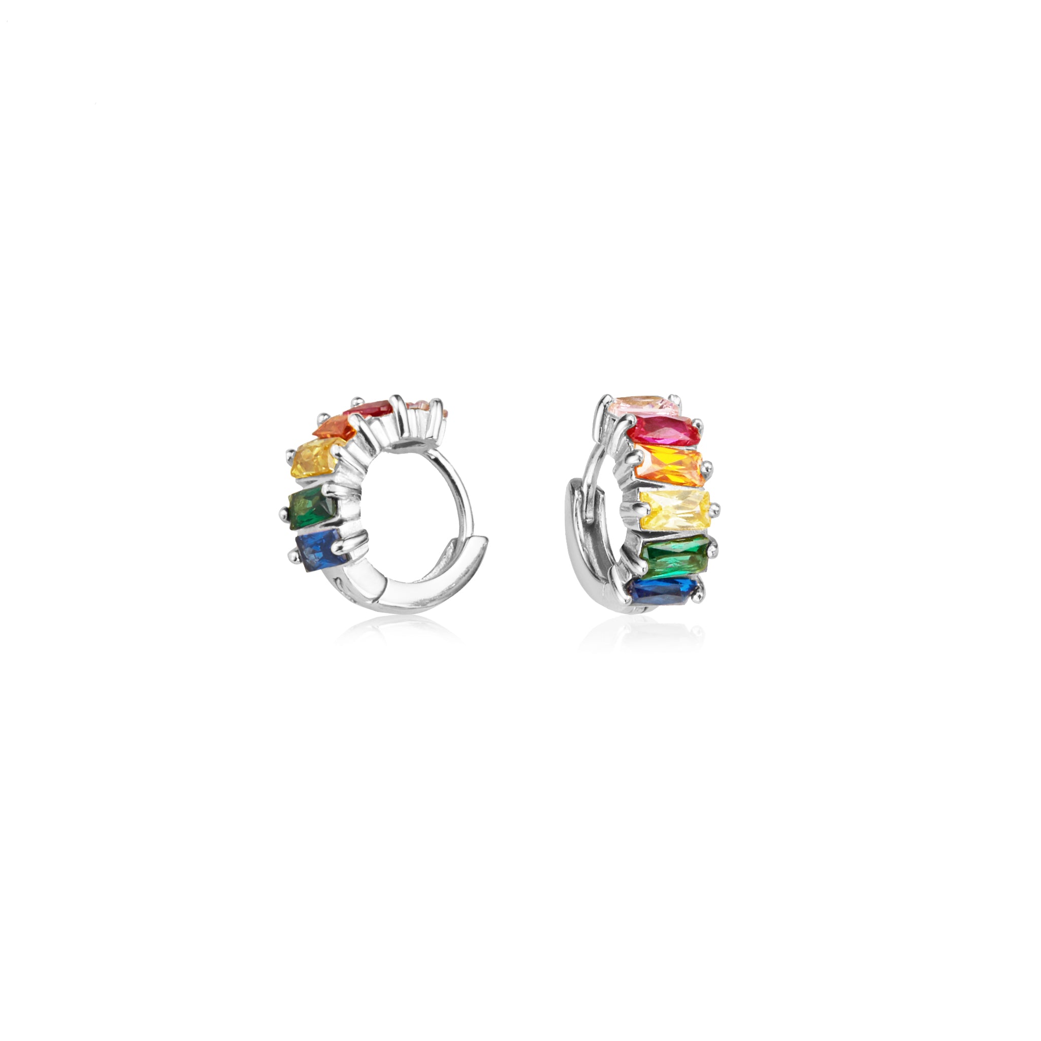 Silver Rainbow Gemstone Cluster Huggie Hoop Earrings