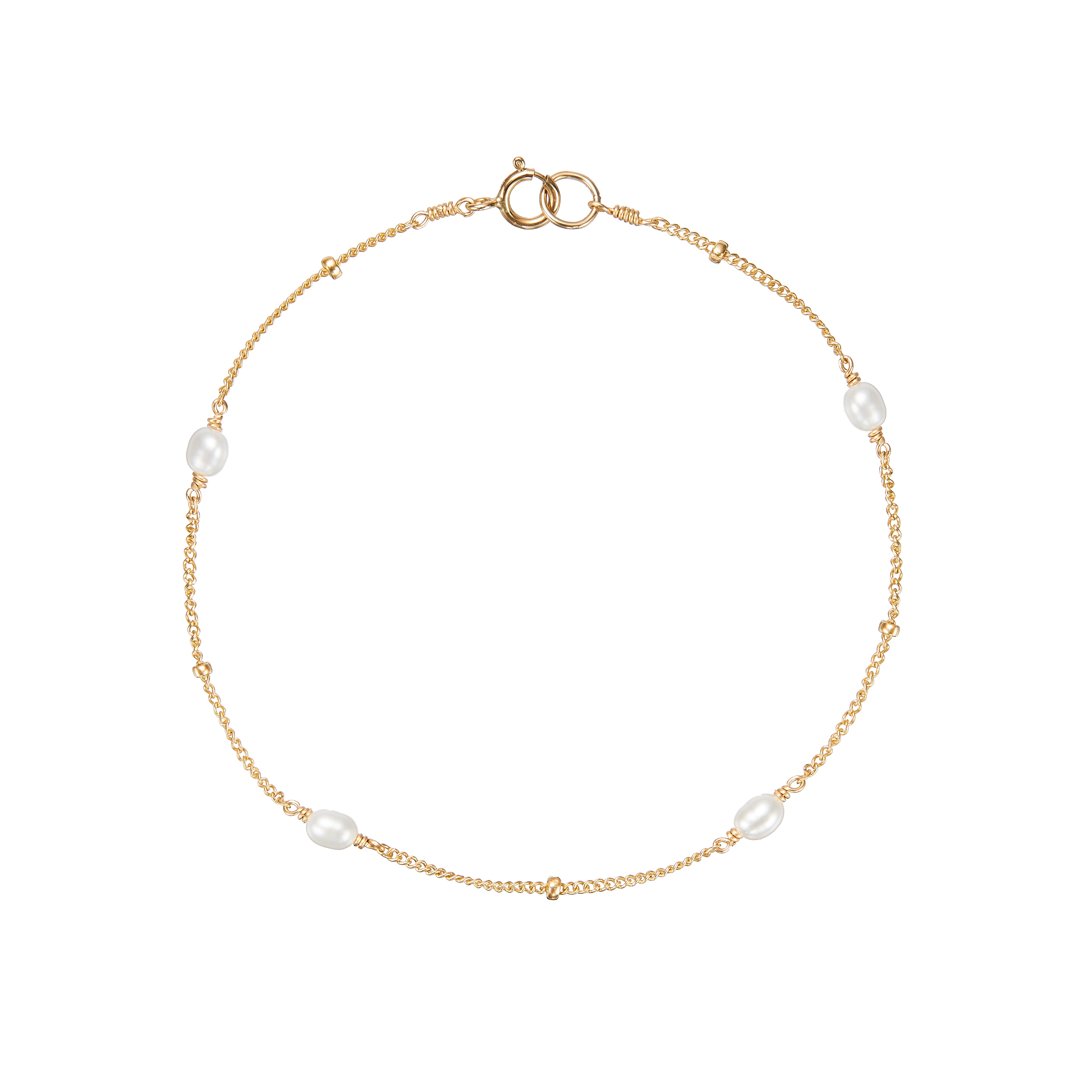 Gold seed pearl satellite bracelet on a white background