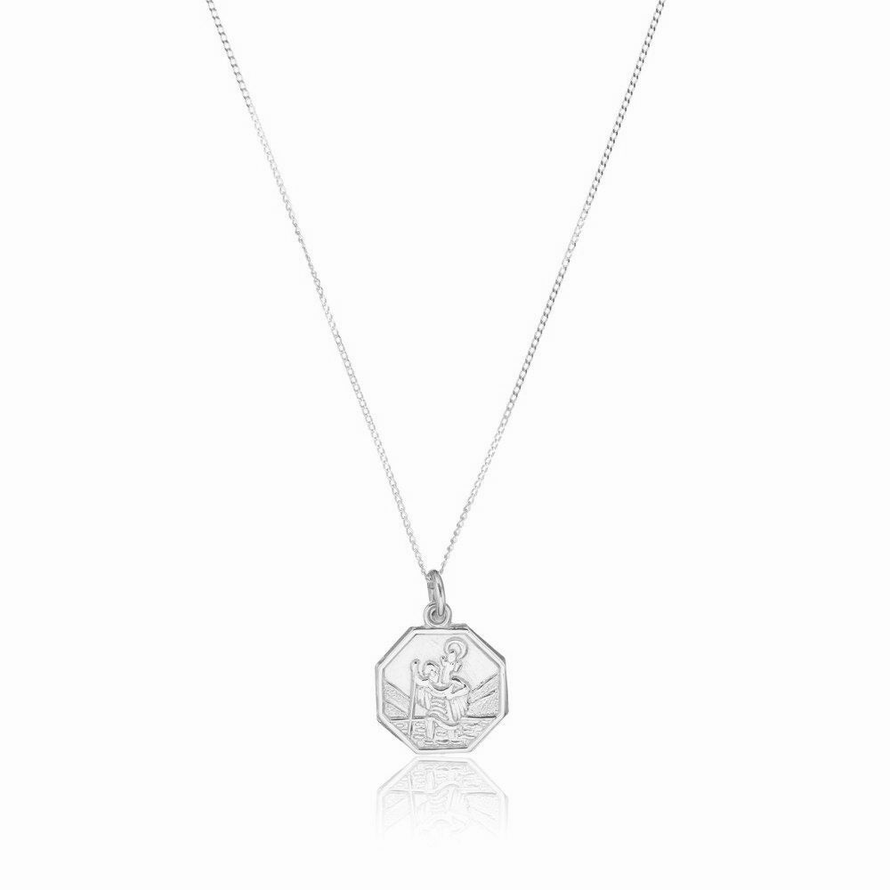 Silver small octagonal st christopher necklace on a white background