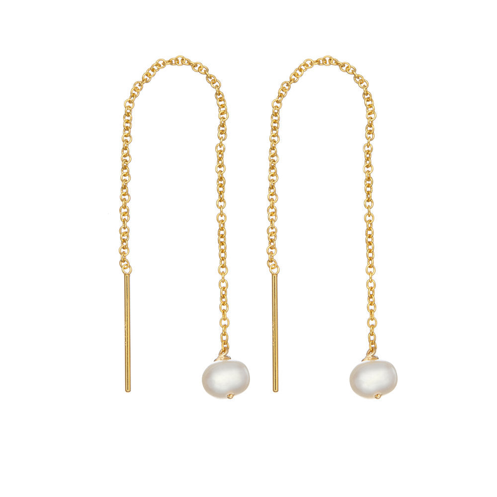 Gold pearl drop ear threaders on a white background
