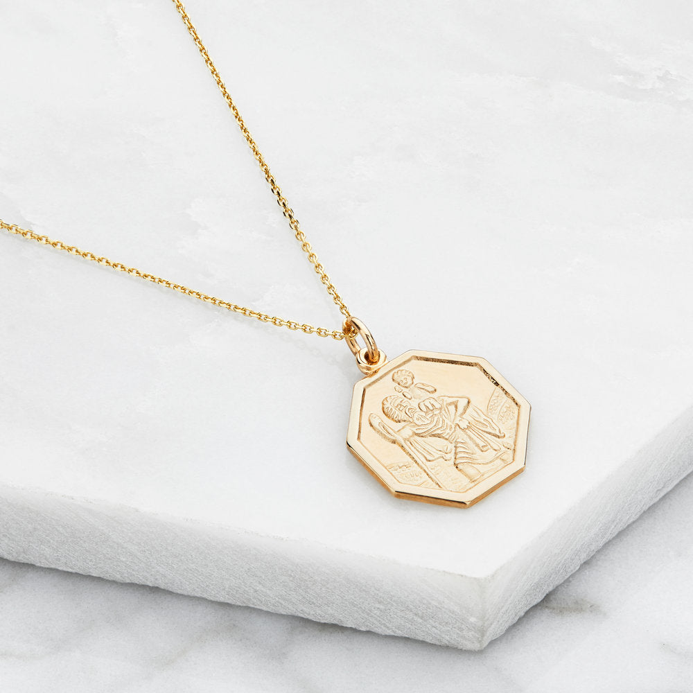 Solid Gold St Christopher Octagonal Medallion Necklace