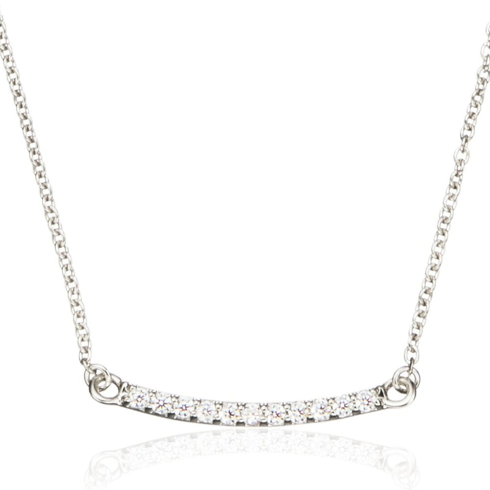 Silver diamond style bar necklace on a white background