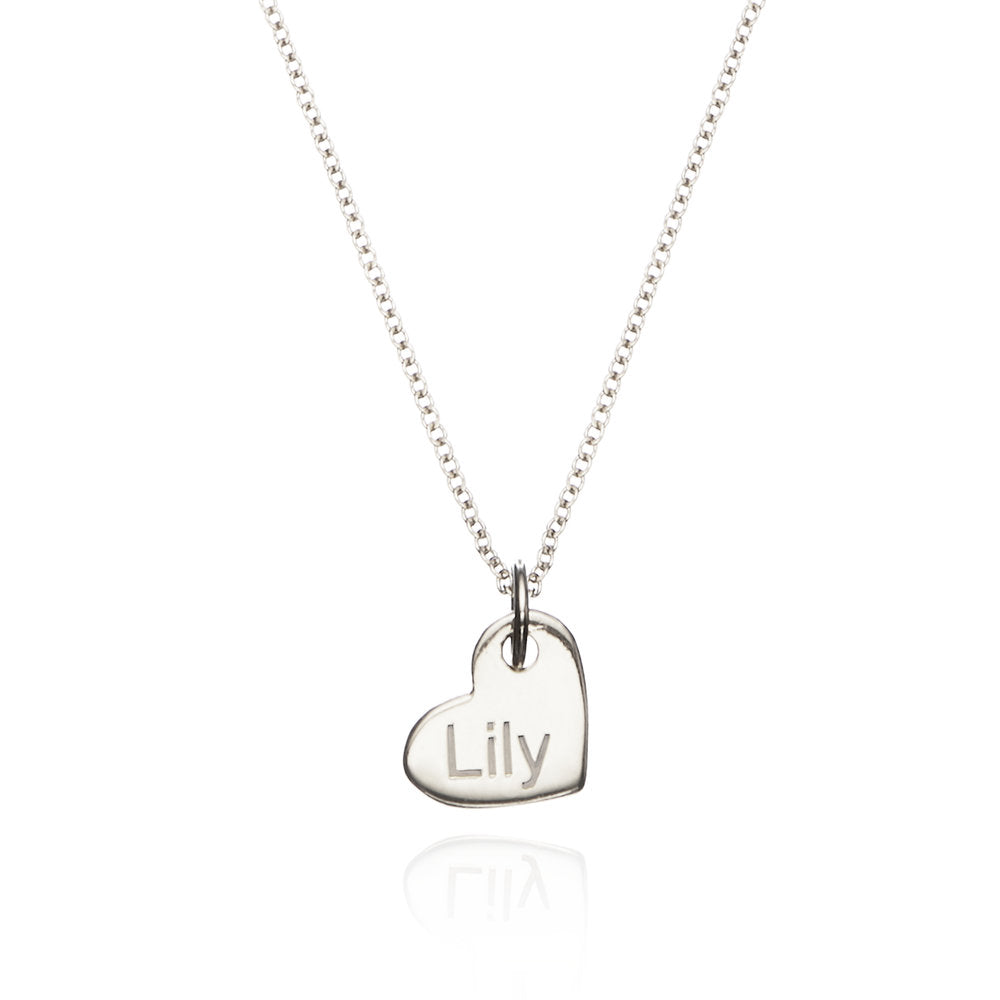 Silver small personalised heart necklace with the name 'Lily' engraved on a white background