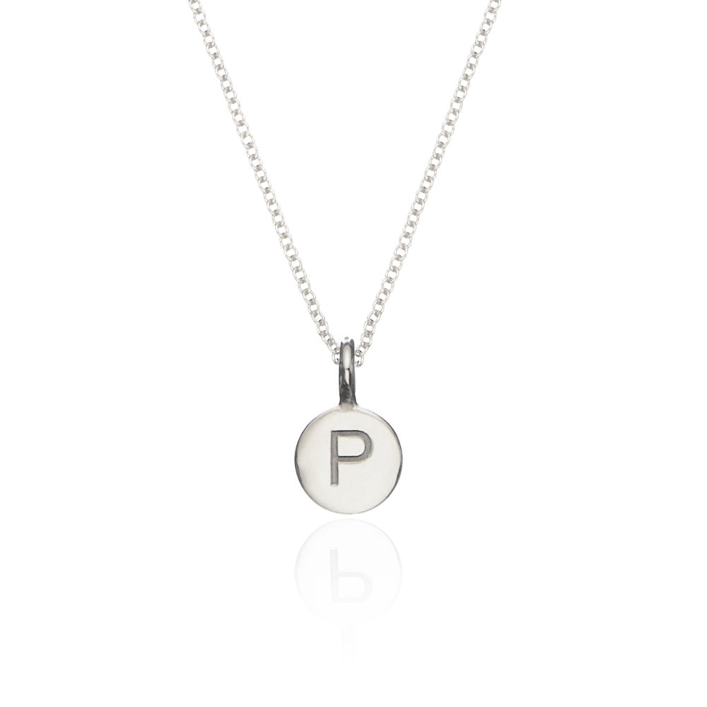 Silver small personalised disc necklace 'P' on a white background