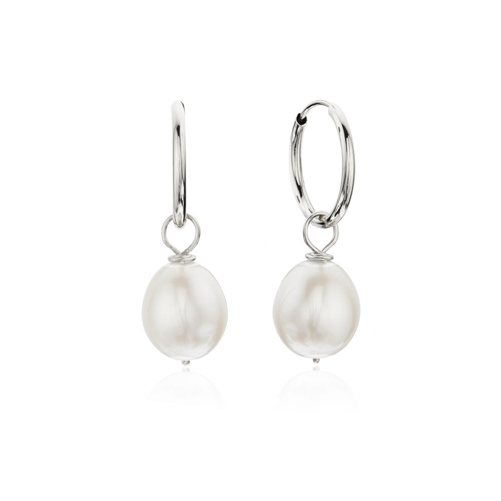 Solid White Gold Large Pearl Drop Hoop Earrings
