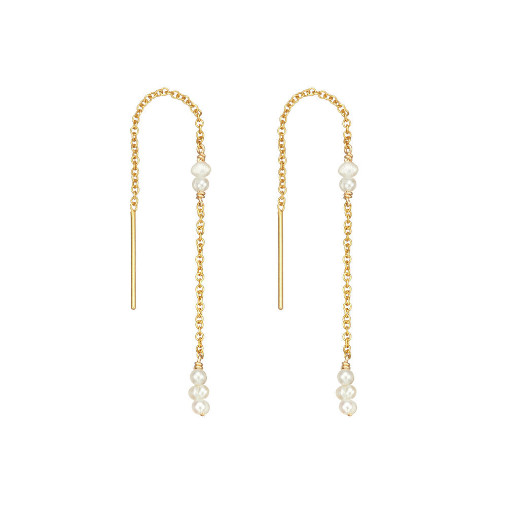 Gold mini pearl ear threaders on a white background