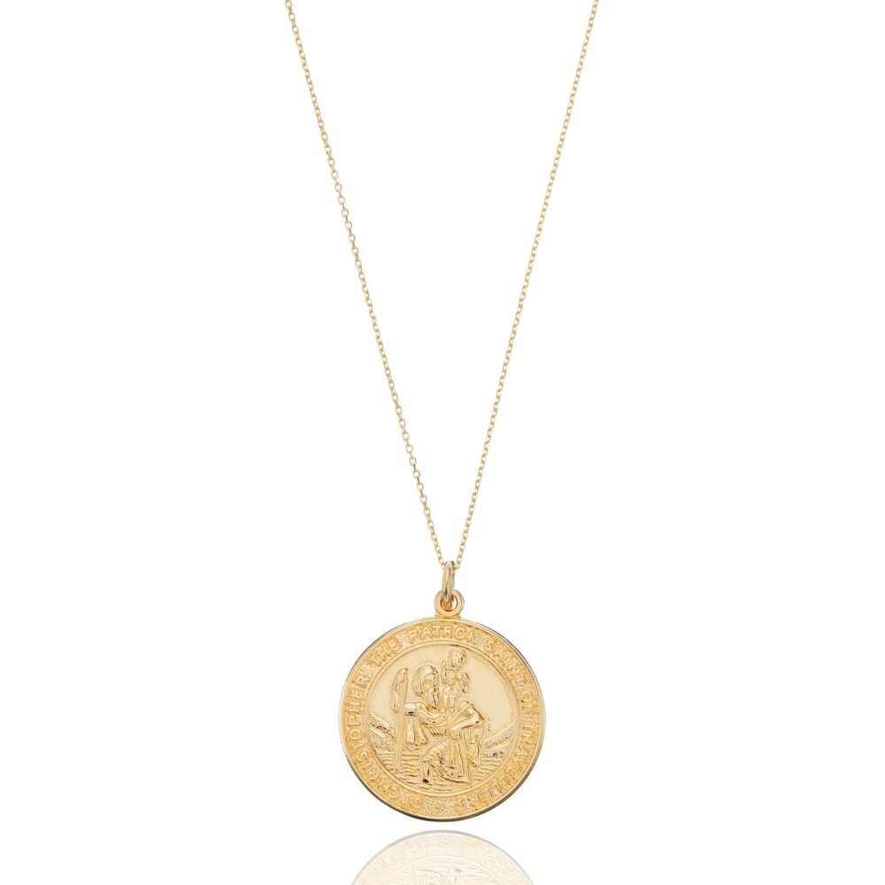 Solid Gold Large Round St Christopher Medallion Necklace