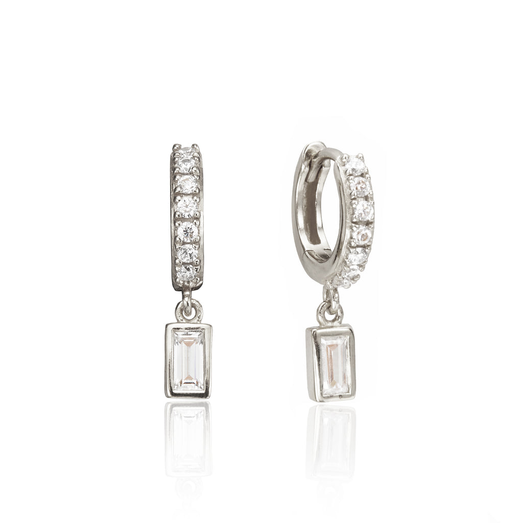 Diamond Style Baguette Drop Huggie Hoop Earrings