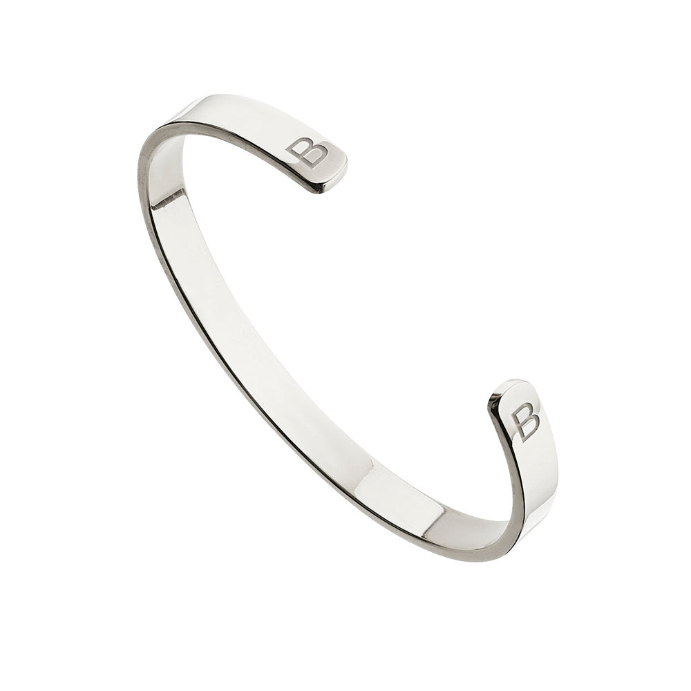Silver thick engraved bangle with the letter 'B' on a white background