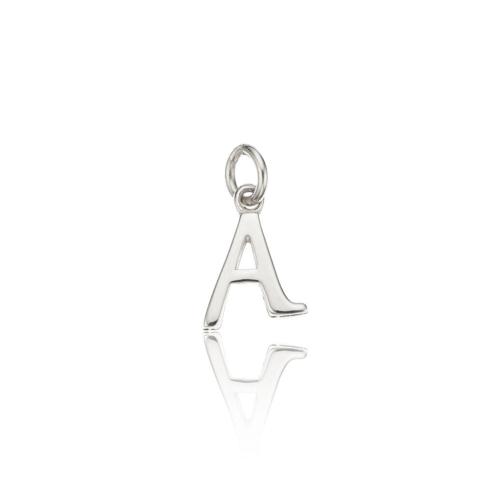 Silver individual curve initial charm 'A' on a white background
